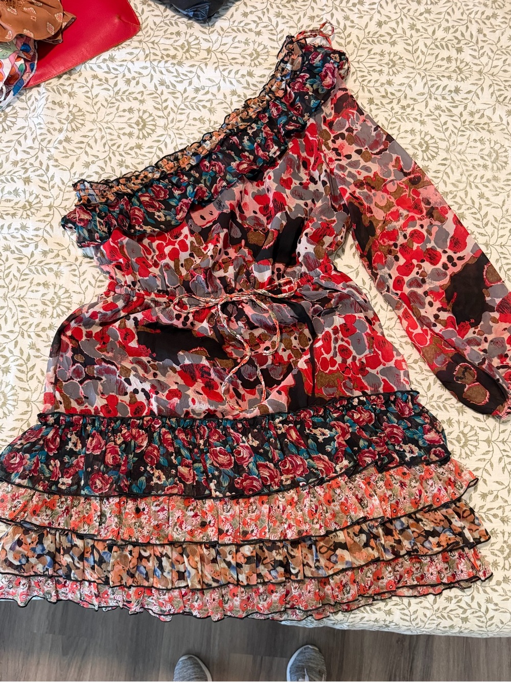 Lulumari Anthropologie One-Shoulder Ruffled Floral Dress in Red, Black, Teal